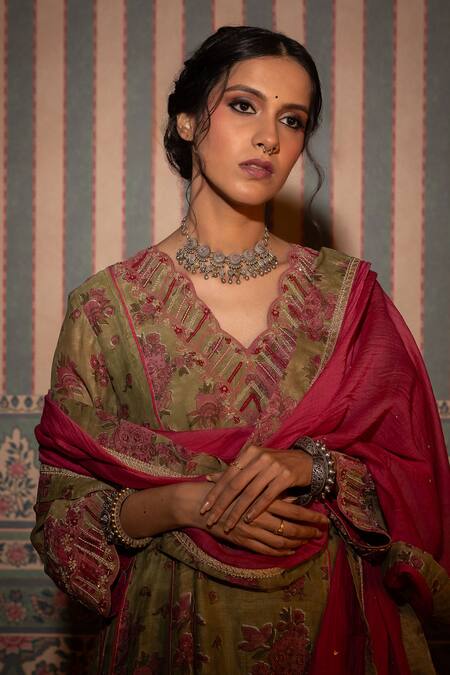 Shop_Pants And Pajamas_Green Cotton, Silk, Chanderi Sequins, Embroidery Floral Block Print Kurta Set 