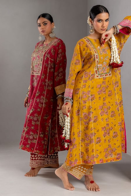 Pants And Pajamas_Maroon Cotton, Silk, Chanderi Sequins, Embroidery, Flower Block Print Kurta Set _Online_at_Aza_Fashions