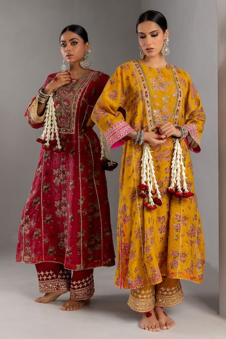Buy_Pants And Pajamas_Maroon Cotton, Silk, Chanderi Sequins, Embroidery, Flower Block Print Kurta Set _Online_at_Aza_Fashions