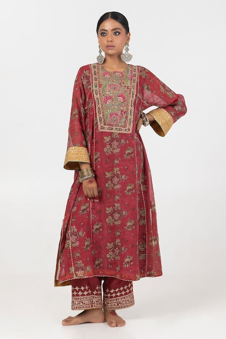Pants And Pajamas_Maroon Cotton, Silk, Chanderi Sequins, Embroidery, Flower Block Print Kurta Set _at_Aza_Fashions