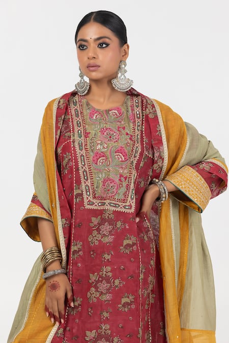 Buy_Pants And Pajamas_Maroon Cotton, Silk, Chanderi Sequins, Embroidery, Flower Block Print Kurta Set 