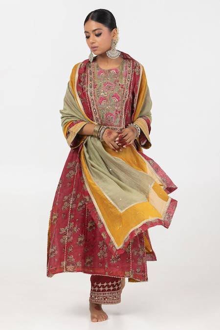 Shop_Pants And Pajamas_Maroon Cotton, Silk, Chanderi Sequins, Embroidery, Flower Block Print Kurta Set 