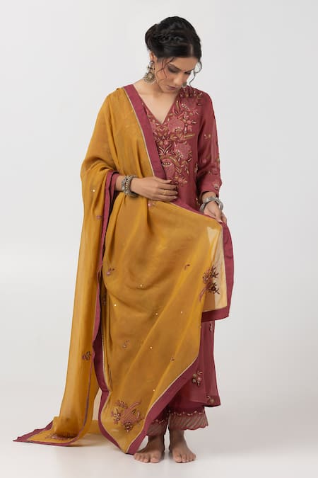 Pants and Pajamas Yellow Chanderi Mull Embroidered Sequins Thread Dupatta 