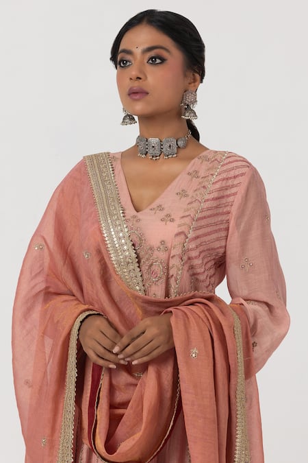 Pants And Pajamas Pink Chanderi Sequins, Lace Embroidered Dupatta Online at Aza Fashions Pants And Pajamas_Pink Chanderi Sequins, Lace Embroidered Dupatta _Online_at_Aza_Fashions