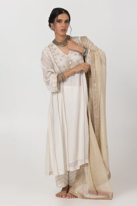 Pants and Pajamas White Chanderi Zari Embroidred Sequins Lace Dupatta 