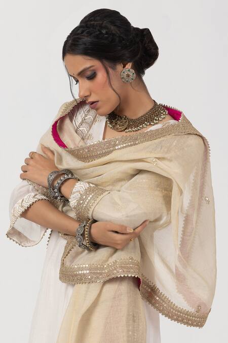 Pants And Pajamas White Chanderi Sequins, Lace Embroidred Dupatta Online at Aza Fashions Pants And Pajamas_White Chanderi Sequins, Lace Embroidred Dupatta _Online_at_Aza_Fashions