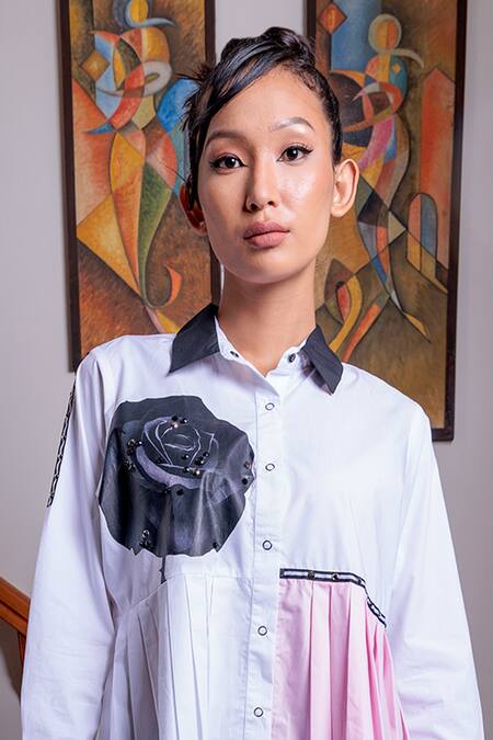 Richaa Goenka White Cotton Printed Rose Collar Knife-pleated Shirt Online at Aza Fashions Richaa Goenka_White Cotton Printed Rose Collar Knife-pleated Shirt _Online_at_Aza_Fashions