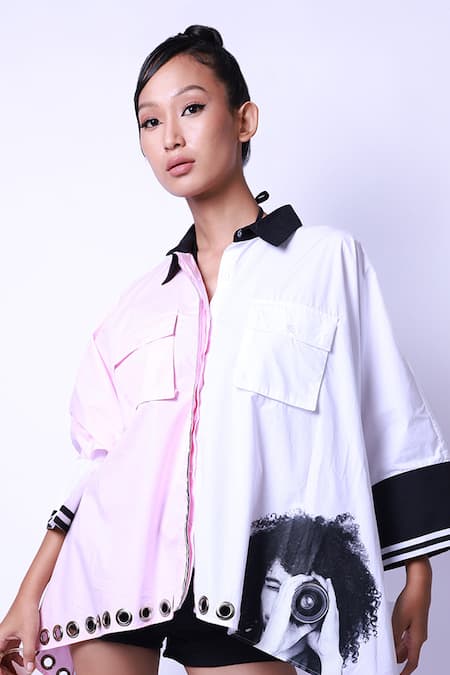 Richaa Goenka White Cotton Cut Work Collared Printed Poncho Shirt Online at Aza Fashions Richaa Goenka_White Cotton Cut Work Collared Printed Poncho Shirt _Online_at_Aza_Fashions