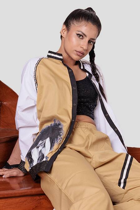 Buy_Richaa Goenka_White Cotton Printed Curated Rib Collar Bomber Jacket And Straight Pant Set _Online_at_Aza_Fashions