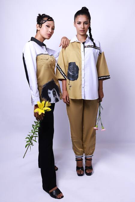 Shop Richaa Goenka White Cotton Printed Rose Collar Oversized Shirt And Joggers Set Online at Aza Fashions Shop_Richaa Goenka_White Cotton Printed Rose Collar Oversized Shirt And Joggers Set _Online_at_Aza_Fashions