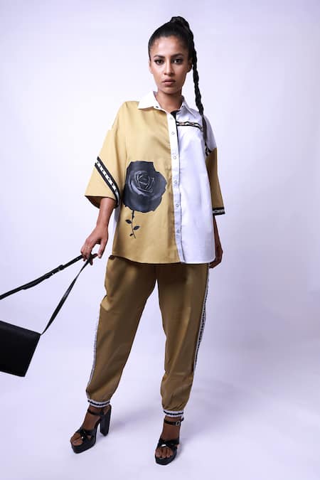 Shop Richaa Goenka White Cotton Printed Rose Collar Oversized Shirt And Joggers Set at Aza Fashions Shop_Richaa Goenka_White Cotton Printed Rose Collar Oversized Shirt And Joggers Set _at_Aza_Fashions