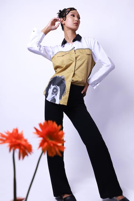 Richaa Goenka White Cotton Printed Curated Collar Shirt 