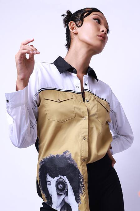 Richaa Goenka White Cotton Printed Curated Collar Shirt Online at Aza Fashions Richaa Goenka_White Cotton Printed Curated Collar Shirt _Online_at_Aza_Fashions