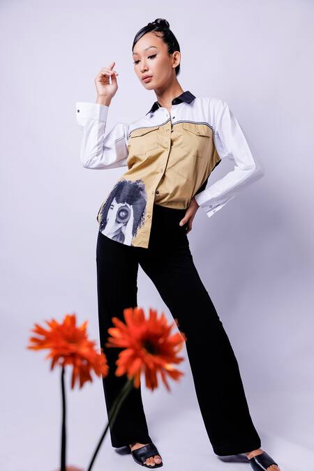 Richaa Goenka White Cotton Printed Curated Collar Shirt at Aza Fashions Richaa Goenka_White Cotton Printed Curated Collar Shirt _at_Aza_Fashions