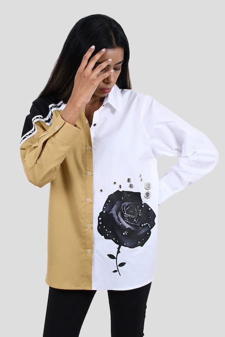 Richaa Goenka White Cotton Embroidery, Stones Collared Rose Print Shirt 