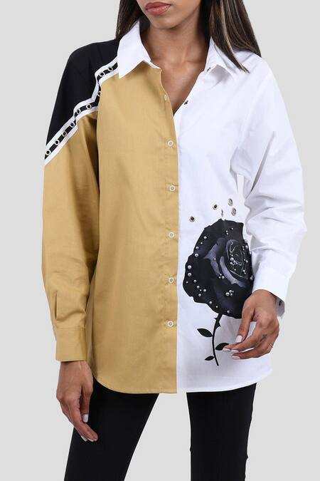 Richaa Goenka White Cotton Embroidery, Stones Collared Rose Print Shirt Online at Aza Fashions Richaa Goenka_White Cotton Embroidery, Stones Collared Rose Print Shirt _Online_at_Aza_Fashions