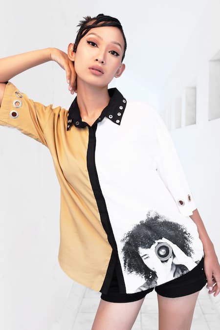 Buy_Richaa Goenka_White Cotton Printed Rose Collar Oversized Shirt _Online_at_Aza_Fashions