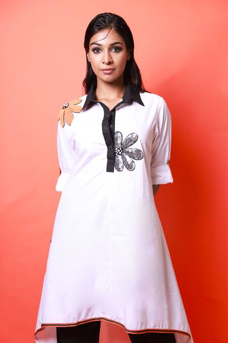 Buy_Richaa Goenka_White Cotton Embroidery, Sequins, Beads Collared Hand Tunic And Pant Set _Online_at_Aza_Fashions