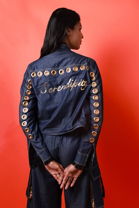 Richaa Goenka Blue Cotton Hand Embroidered Eyelets Stand Collar Jacket Online at Aza Fashions Richaa Goenka_Blue Cotton Hand Embroidered Eyelets Stand Collar Jacket _Online_at_Aza_Fashions