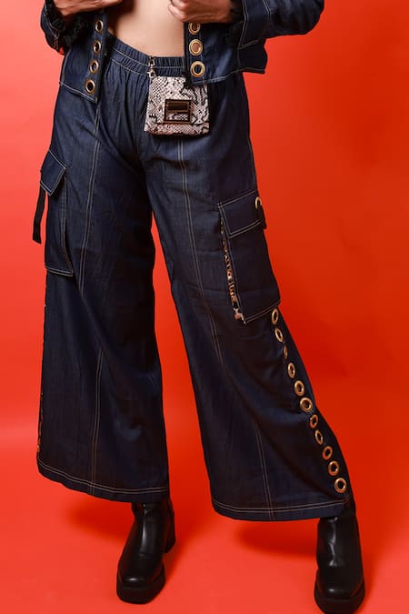 Richaa Goenka_Blue Cotton Hand Embroidered Eyelets Stand Collar Jacket And Cargo Pant Set _Online_at_Aza_Fashions