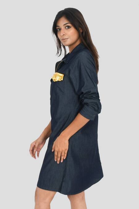 Richaa Goenka Blue Cotton Hand Embroidered Studs Collar Pocket Dress Online at Aza Fashions Richaa Goenka_Blue Cotton Hand Embroidered Studs Collar Pocket Dress _Online_at_Aza_Fashions