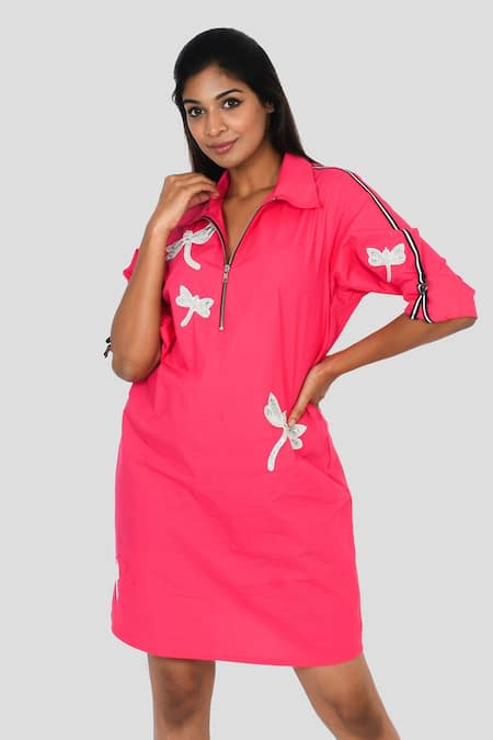 Richaa Goenka Pink Cotton Hand Embroidered Dragon Fly Collar Dress 