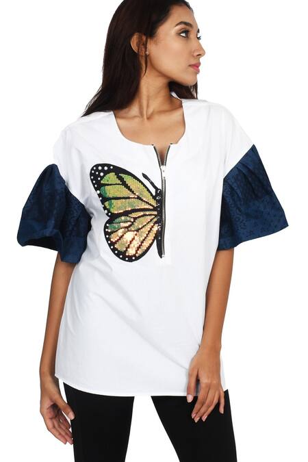 Richaa Goenka White Cotton Hand Embroidered Sequins Round Shirt Online at Aza Fashions Richaa Goenka_White Cotton Hand Embroidered Sequins Round Shirt _Online_at_Aza_Fashions