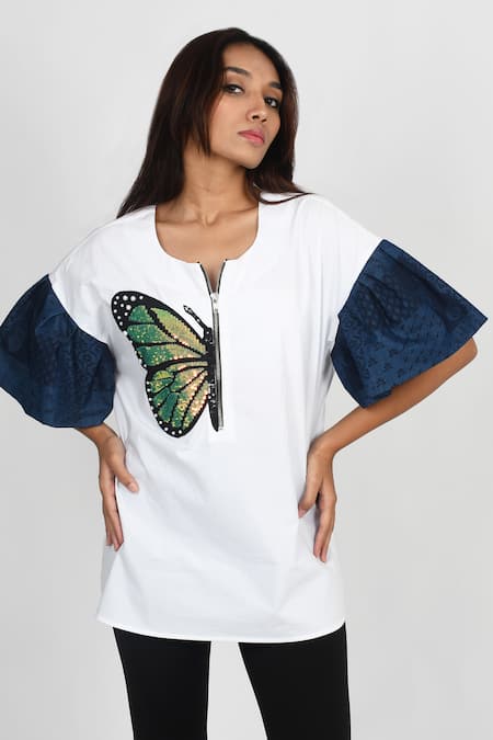 Buy Richaa Goenka White Cotton Hand Embroidered Sequins Round Shirt Online at Aza Fashions Buy_Richaa Goenka_White Cotton Hand Embroidered Sequins Round Shirt _Online_at_Aza_Fashions