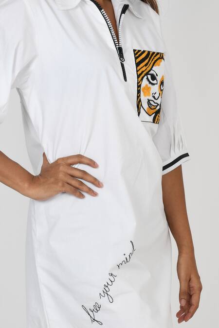 Buy_Richaa Goenka_White Cotton Hand Embroidery Sequin Collared Neck Face Pocket Dress _Online_at_Aza_Fashions