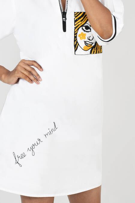 Shop_Richaa Goenka_White Cotton Hand Embroidery Sequin Collared Neck Face Pocket Dress _Online_at_Aza_Fashions