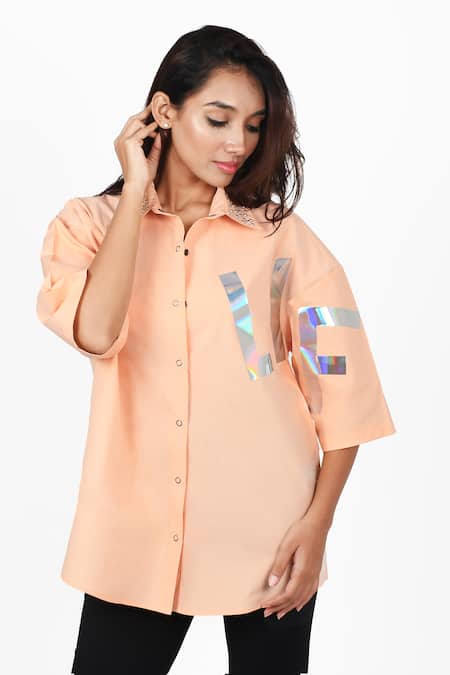 Richaa Goenka Peach Cotton Print Text Collared Neck Holographic Life Shirt 