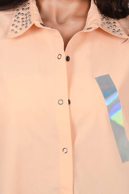 Richaa Goenka Peach Cotton Print Text Collared Neck Holographic Life Shirt Online at Aza Fashions Richaa Goenka_Peach Cotton Print Text Collared Neck Holographic Life Shirt _Online_at_Aza_Fashions