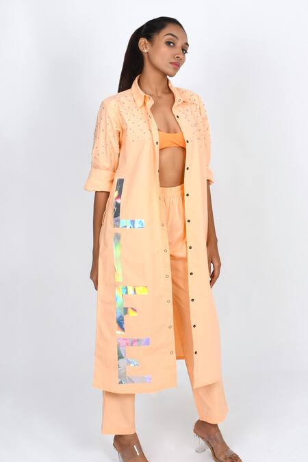 Richaa Goenka_Peach Cotton Print Text Collared Neck Holographic Life Dress _Online_at_Aza_Fashions