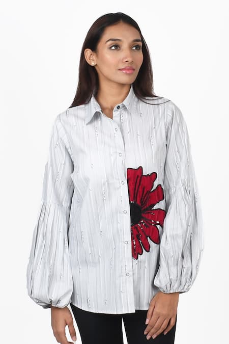 Shop Richaa Goenka Black Cotton Applique Floral Collared Neck Shirt at Aza Fashions Shop_Richaa Goenka_Black Cotton Applique Floral Collared Neck Shirt _at_Aza_Fashions