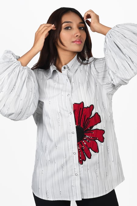 Richaa Goenka Black Cotton Applique Floral Collared Neck Shirt Online at Aza Fashions Richaa Goenka_Black Cotton Applique Floral Collared Neck Shirt _Online_at_Aza_Fashions