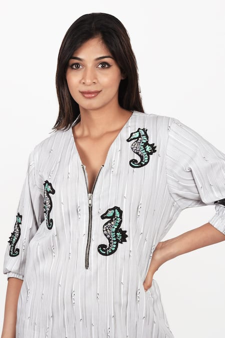 Shop Richaa Goenka Black Cotton Applique Sea Horse V Neck Scattered Motif Dress at Aza Fashions Shop_Richaa Goenka_Black Cotton Applique Sea Horse V Neck Scattered Motif Dress _at_Aza_Fashions