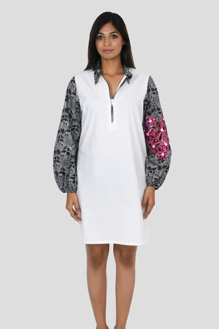 Richaa Goenka White Cotton Placement Print Chequered Collared Floral Cut Out Embroidered Dress 