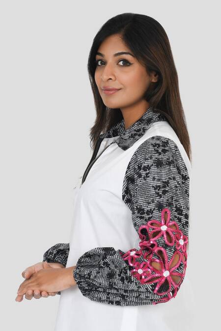 Buy_Richaa Goenka_White Cotton Placement Print Chequered Collared Floral Cut Out Embroidered Dress _Online_at_Aza_Fashions