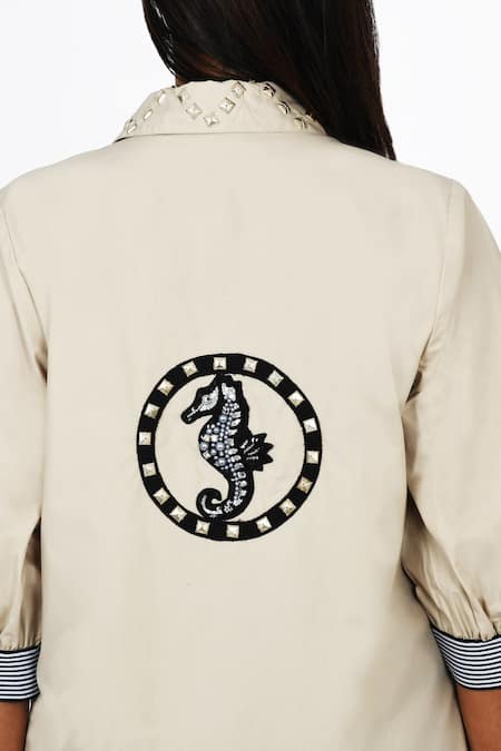 Shop Richaa Goenka Beige Cotton Placement Embroidery Sea Horse Collared Neck Dress at Aza Fashions Shop_Richaa Goenka_Beige Cotton Placement Embroidery Sea Horse Collared Neck Dress _at_Aza_Fashions