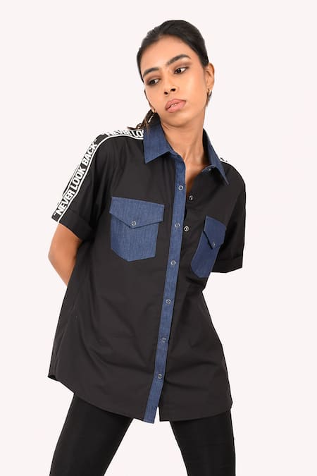 Richaa Goenka_Black Cotton Placement Text Print Never Look Back Collared Neck Shirt _Online_at_Aza_Fashions