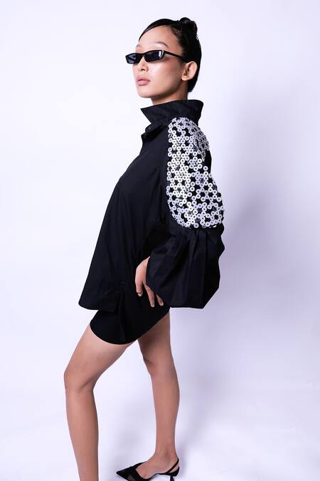 Buy_Richaa Goenka_Black Cotton Hand Embroidered Button Collared Shoulder Shirt _Online_at_Aza_Fashions