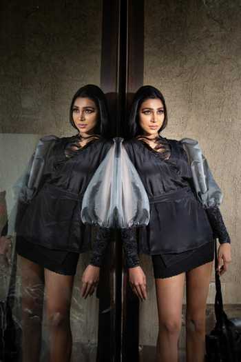 Buy Richaa Goenka Black Organza Hand Embroidered Feather V Neck Overlay Cuff Top at Aza Fashions Buy_Richaa Goenka_Black Organza Hand Embroidered Feather V Neck Overlay Cuff Top_at_Aza_Fashions