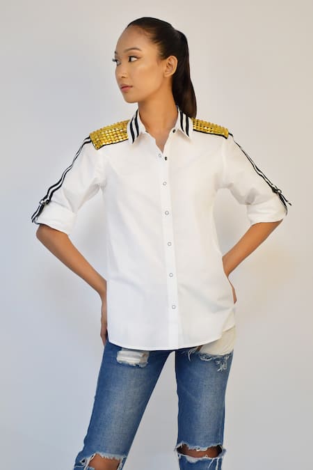 Richaa Goenka White Cotton Studs Collared Studded Shoulder Shirt 