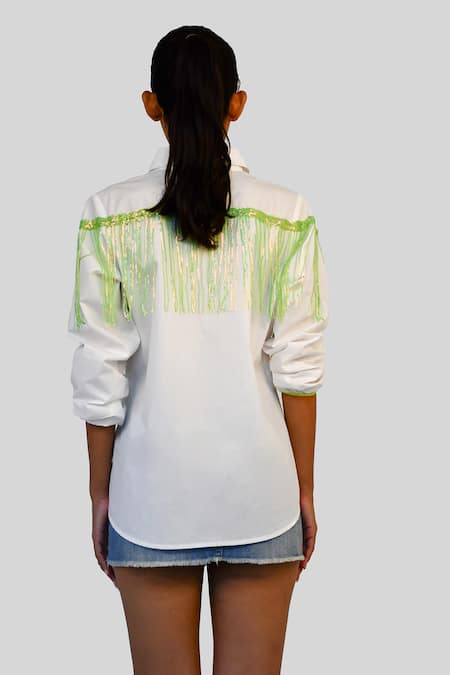Shop Richaa Goenka White Cotton Hand Embroidered Sequin Tassel Collared Shirt at Aza Fashions Shop_Richaa Goenka_White Cotton Hand Embroidered Sequin Tassel Collared Shirt _at_Aza_Fashions