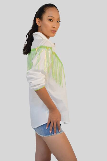 Richaa Goenka White Cotton Hand Embroidered Sequin Tassel Collared Shirt Online at Aza Fashions Richaa Goenka_White Cotton Hand Embroidered Sequin Tassel Collared Shirt _Online_at_Aza_Fashions