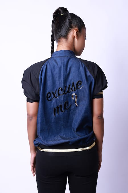 Shop Richaa Goenka Blue Cotton Hand Embroidered Studs Collared Detailed Bomber Top at Aza Fashions Shop_Richaa Goenka_Blue Cotton Hand Embroidered Studs Collared Detailed Bomber Top _at_Aza_Fashions