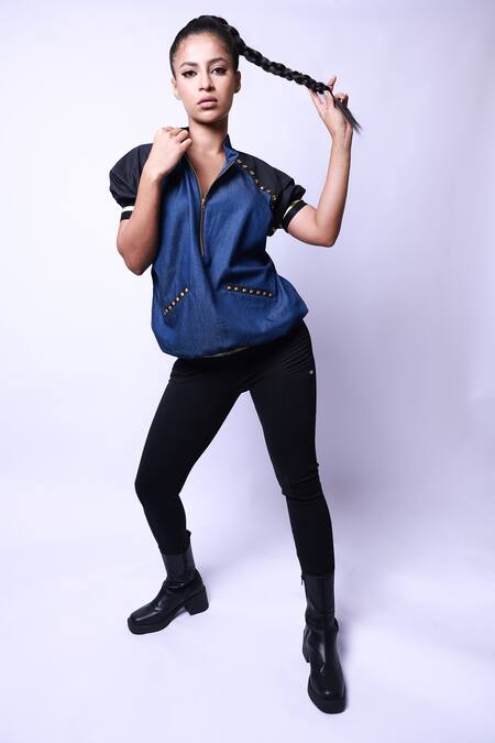 Richaa Goenka Blue Cotton Hand Embroidered Studs Collared Detailed Bomber Top Online at Aza Fashions Richaa Goenka_Blue Cotton Hand Embroidered Studs Collared Detailed Bomber Top _Online_at_Aza_Fashions