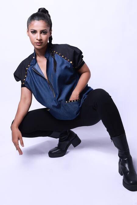 Buy Richaa Goenka Blue Cotton Hand Embroidered Studs Collared Detailed Bomber Top Online at Aza Fashions Buy_Richaa Goenka_Blue Cotton Hand Embroidered Studs Collared Detailed Bomber Top _Online_at_Aza_Fashions