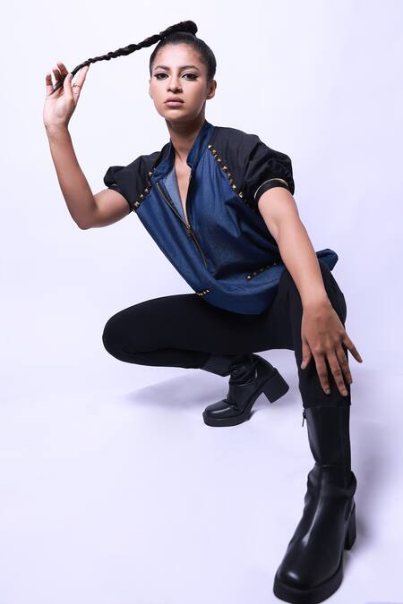 Shop Richaa Goenka Blue Cotton Hand Embroidered Studs Collared Detailed Bomber Top Online at Aza Fashions Shop_Richaa Goenka_Blue Cotton Hand Embroidered Studs Collared Detailed Bomber Top _Online_at_Aza_Fashions