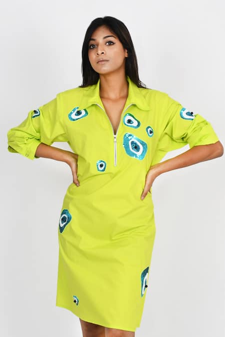 Richaa Goenka Green Cotton Hand Embroidered Sequin Collared Dress 